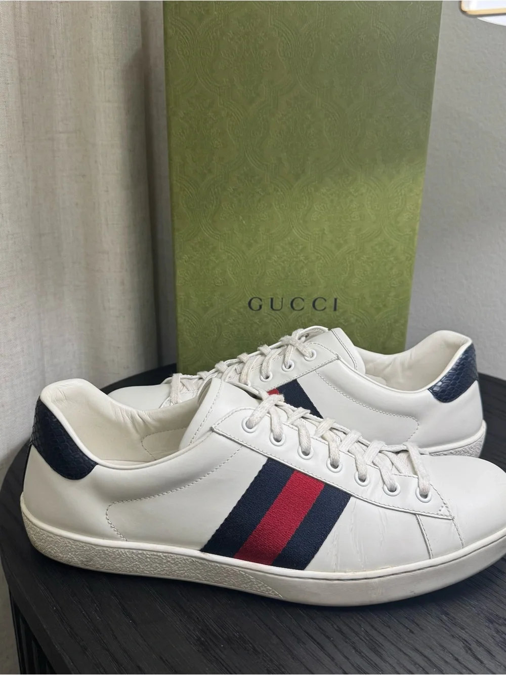 Gucci Ace Web Stripe Classic Leather Sneakers White 10.5